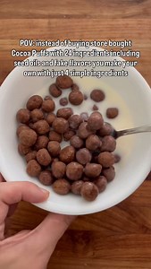 Homemade Cocoa Puff Recipe ⬇️ Recipe below, or comment Cocoa and I’ll send it to you Instead of buying store bought cereal with 24 ingredients, seed oils, and fake flavors you can make your own at home with 4 simple ingredients. You’d be surprised how few ingredients it takes to make something that tastes just as good Recipe: Ingredients: -1 cup oat flour (or blend rolled oats in a food processor until flour-like) -½ cup peanut butter (or your favorite nut butter) -¼ cup maple syrup -¼ cup cacao