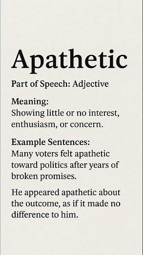 Apathetic (/ˌæpəˈθɛtɪk/) (Adjective): Showing little or no interest, enthusiasm, or concern.
