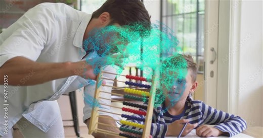 Man leaning over table bringing abacus into view, tilting beads with teal overlay for education