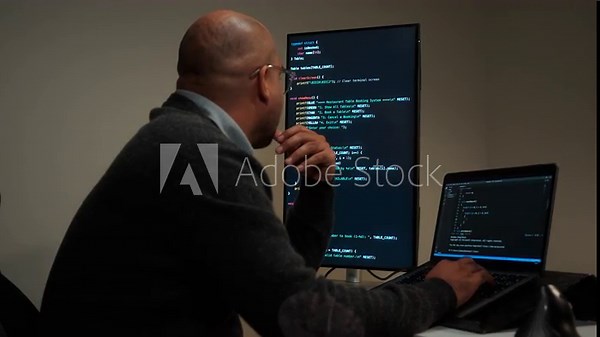 Side view male programmer wearing glasses works late at night with green code reflecting on his lenses, focusing on software development, coding, and cybersecurity analysis.