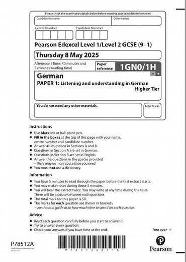 2025 Pearson Edexcel Gcse German Paper 1 and Mark Scheme Combined 1gn0 1h