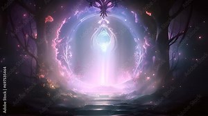 Mystical portal. Fantasy landscape with neon lights, dark forest and copyspace. Retrowave vibe.