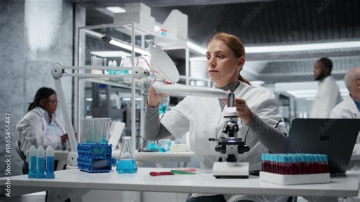 Female researcher uses laboratory lamp to examine test subject in petri dish. Woman in research facility holds medical container to light source, monitoring samples for impurity detection, camera A