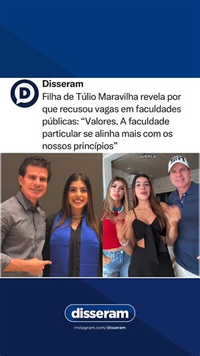 Disseram on Instagram: "Túlio Maravilha e a esposa falaram nas redes sociais sobre a decisão da filha em relação aos estudos. Em um vídeo publicado pela família, o ex-jogador explicou por que a jovem não seguirá para uma universidade federal, mesmo tendo vagas disponíveis. De acordo com eles, a escolha foi feita por entenderem que a faculdade particular combina mais com os valores e princípios da família. O casal também citou o tempo excessivo no trânsito e fez críticas à estrutura das universid