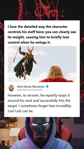 @minimoviemoments01 on Instagram: "Character Controls Heavy Staff Loses Control and Recovers with an Expert Neck Move Praising the detailed fight choreography of a character (likely Loki) that shows the weight of their weapon and a skilled recovery move."