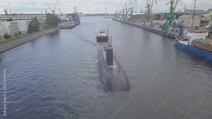 Vladivostok, Russia - Diesel electric attack improved Kilo class submarines or Project 636 Varshavyanka in the port of Vladivostok. Russian Navy. Pacific Fleet (aerial view)