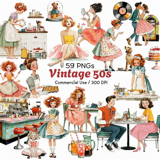 Whimsical Vintage 50s Clipart: Watercolor Graphics (digital Download – 59 Pngs) - Etsy