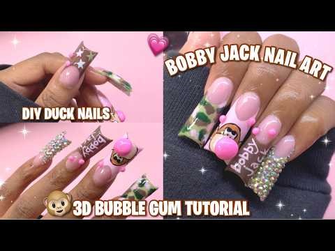 Nostalgic Throwback BOBBY JACK Monkey Nails 💗🐵 Polygel On DIY DUCK Nails | 3D Bubble Gum 🫧