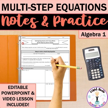 Multi-Step Equations Guided Notes, Practice Worksheet, & Video Lesson (EDITABLE)