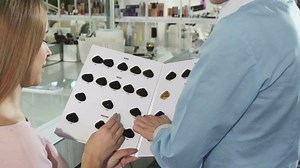 Download Rearview close up of a woman and her hairdresser examining hair dye color chart for free