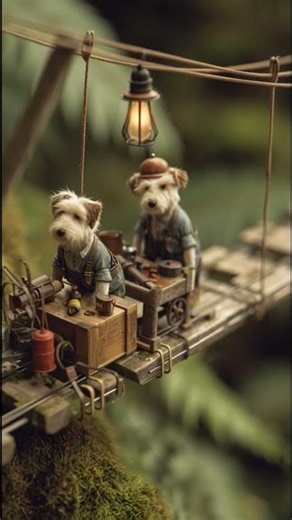 A miniature dog in the woods is working on a fast-moving tool