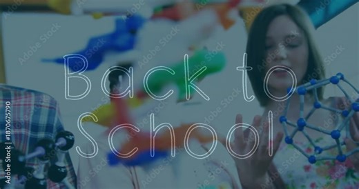 Animation of back to school text over diverse schoolchildren with models in lab