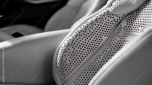 Close-up views of modern car seats showing their design, materials, and details in a luxury vehicle