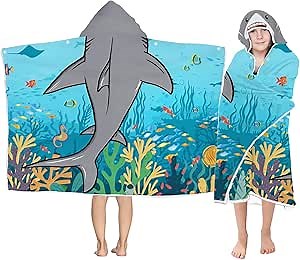 Shark Hooded Beach Towel for Boys, Soft & Absorbent Shark Poncho Towel for Kids, Cool Ocean Animal Design, 30”x50” Blue Shark Hooded Bathrobe for Pool, Swim, and Bath Time