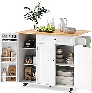 Ahomly Kitchen Island with Storage, Island Table for Kitchen with Drop Leaf, 5 Wheels, Interal Storage Rack, a Drawer, Spicy Rack and Towel Bar, Sufficient Countertop Space and Storage, White