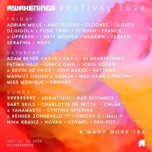 The Daysplit is here. Second wave of artists has been added and Awakenings Festival is taking shape. Get your tickets now. Dates: July 10, 11 & 12, 2026 📍 Hilvarenbeek, The Netherlands | Awakenings