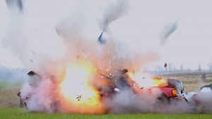 Car Explosion. Slow Motion. Side View