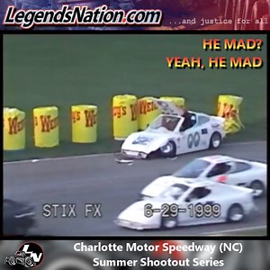 He mad? Yeah, he mad. A Bandolero Outlaws driver (we aren't sure who, hard to hear the name on the speaker for sure ... tell us!) is upset after getting wrecked out in the Summer Shootout Series at Charlotte Motor Speedway (NC) on June 29, 1999. Can you relate? #tbt #throwbackthursday #bandoleros #legendsnation | Legends Nation