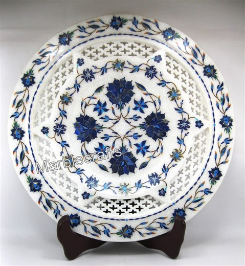 Pietra Dura Art Plate | Vanity Display Round Plate | 12 Inches Handmade Marble Decorative Serving Plate | Lapis Lazuli Stone Inlay Placemat - Etsy