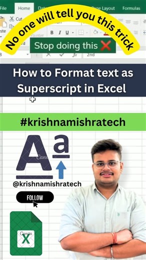 How to Format text as Superscript in Excel You Must Know‼️ Thanks for watching! If you like, please don’t forget to like & follow Follow:- @krishnamishratech #krishnamishratech #krishnamishratechvideos #krishnamishrareel #krishnamishranew #krishnamishra Save this so you won’t forget it💡 #excel #exceltips #exceltricks #spreadsheets #corporate #accounting #finance #workhacks #tutorial #sheets #ai #copilot #chatgpt #sql #mysqlserver #sqldatabase #lightroomtutorials #excel #exceltips #exceltricks #