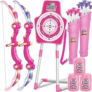 GMAOPHY 2 Pack Bow and Arrow Toy for 5 6 7 8 9 10 11 12 Year Old Boys, Birthday for Kids, Indoor Outdoor Sport Games Toys for Ages 4-8 8-12, LED Light Up Archery Set with 20 Toy Arrows (Pink)
