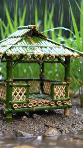 Soft Drizzle Rain on Green Bamboo Gazebo