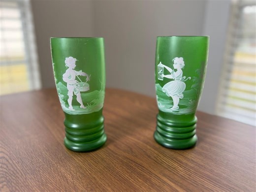 Enameled Green Glass Vases | Mary Gregory Style, Hand-painted Pair - Etsy