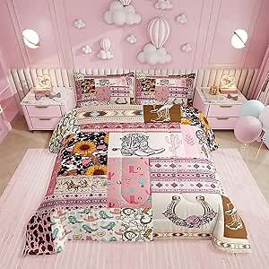 Erosebridal Western Comforter Set Queen for Cowgirl Pink Room Decor, Cowboy Western Horseshoe Bed Comforter Set for Youth Teens Boho Stripes Lattice Bedding with 2 Pillowcases