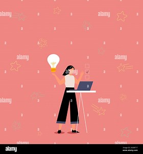 Illustration Of Girl Using Laptop Having New Amazing Ideas And Making Checklist. Lady Drawing Working On Minicomputer Picking Up Old Objective Doing Stock Vector Image & Art - Alamy