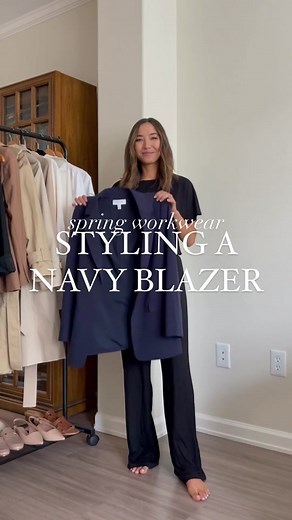 Spring workwear outfit ideas styling a navy blazer [with a WFH/zoom ready option 😁] All outfit details linked in my LTK or visit my blog lifewithjazz.com #springoutfits #springstyle #officeoutfitinspo #workwear #styleinspo #minimalstyle #classic #navyblazer