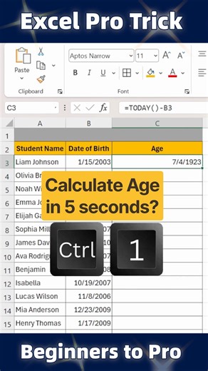 Calculate Age in Excel in 5 Seconds! ⏱️ Excel Pro Trick ⚠️ #shorts #excel