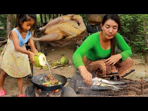 Survival cooking in forest- Grilled fish- Cooking turtle soup with water coconut recipe +5food
