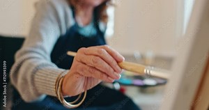 Old person, hand and painting canvas for creative retirement for art in home for expression, holiday or easel. Fingers, brush and palette or senior retire project, color inspiration or stress relief Stock Video