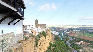 Views of Arcos de la Frontera, Andalusia, Spain. From the viewing platform at the Parador Nacional de Turismo de Arcos de la Frontera, hotel. Holidays, travel, tourism, culture, gastronomy.
