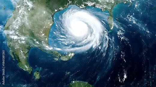 Natural disaster. Devastating loss aftermath scene. A satellite image of a tropical cyclone in the Gulf of Mexico.