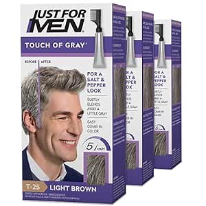 Just For Men Touch of Gray, Mens Hair Color Kit with Comb Applicator for Easy Application, Great for a Salt and Pepper Look - Light Brown, T-25, Pack of 1
