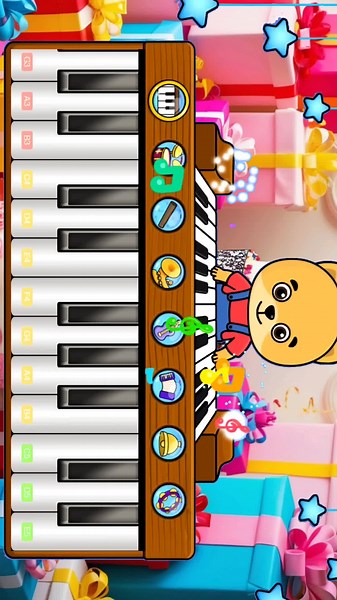 Colorful Piano Play with a Cartoon Bear Character