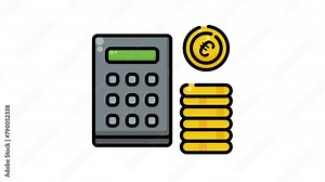 Animated Calculator and euro sign on coin stack for financial, mathematics, education or technology concepts in presentations, websites, or social media content.