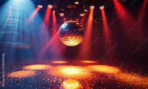 A vibrant disco scene with a shimmering disco ball and colorful lights.