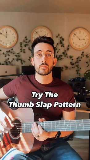 Thumb Slap Pattern This is a really easy way to start adding some percussive elements into acoustic and electric guitar playing. The thumb slap is a great way to create a groove and even help yourself Keep time when fingerpicking. #guitar #onlineguitarlessons #learnguitar | Chris Amodeo