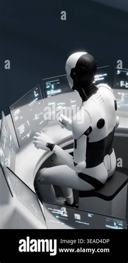 Looping robot in server room monitors systems via futuristic interface Stock Video Footage - Alamy