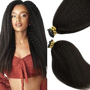 Anrosa Kinky Straight I Tip Hair Extensions 14inch Itip Human Hair Extensions Black 100% Brazilian Hair 50g I Tip Hair Coarse Yaki Microlinks Stick