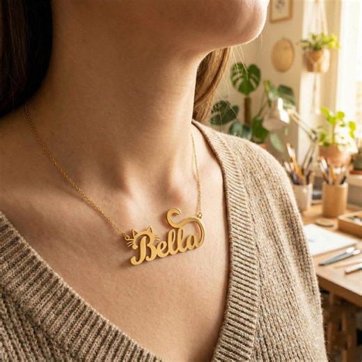 Custom Cat Name Necklace, Tail Script Cursive Necklace, Personalized Pet Necklace, Cat Lover Gift, Gold Silver Rose Gold Black Necklace - Etsy
