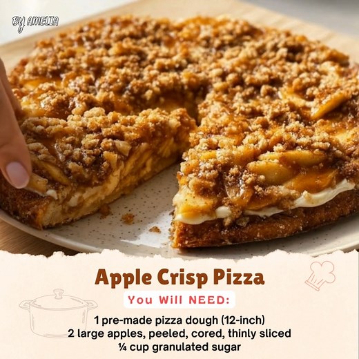 Apple Crisp Pizza – A Sweet Twist on a Classic Favorite This cozy dessert pizza is loaded with warm cinnamon apples, creamy cheesecake spread, and a golden oat crumble topping. It’s everything you love about apple crisp—on a sliceable, shareable crust! Ingredients: 1 pre-made pizza dough (12-inch) 2 large apples, peeled, cored, thinly sliced ¼ cup granulated sugar 1 tsp ground cinnamon 1 tbsp lemon juice ½ cup rolled oats ⅓ cup packed brown sugar ¼ cup all-purpose flour ¼ tsp salt ¼ cup cold uns