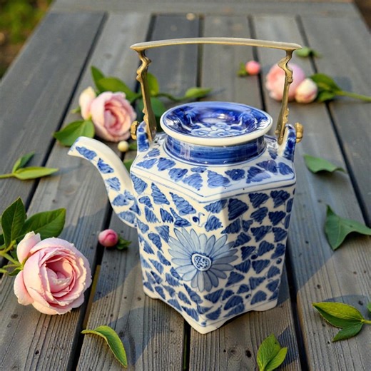 Vintage Hexagon Blue and White Tea Pot - Etsy