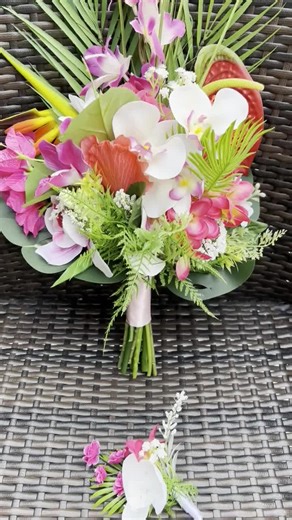 Tropical Wedding Bouquets and Boutonnières/bridal Bouquet With Tropical Silk Flowers/bride Bouquet/wrist Corsage/tropical Theme Bouquet - Etsy