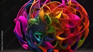 Video footage of multi-colored spherical structure composed of interwoven loops and curves