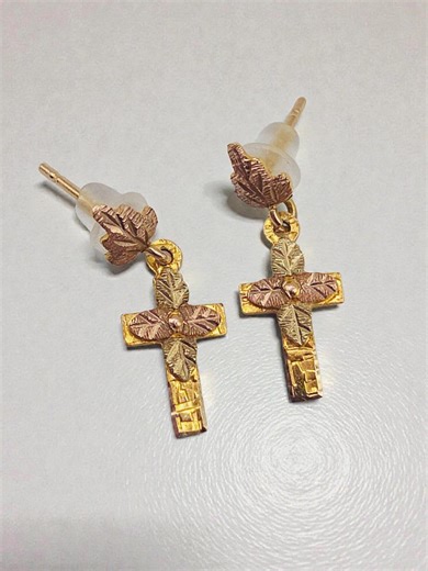 Black Hills Solid 10K Tri-color Gold Floral Cross Earrings - Silicone Backs - Etsy