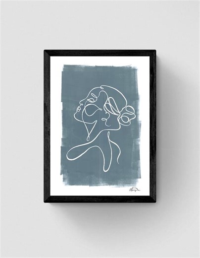 Woman Line Art Print, Line Drawing, Hand-painted, Single Line Painting, Young Woman Blue Wall Art, Abstract Woman, Abstract Line Art Print.