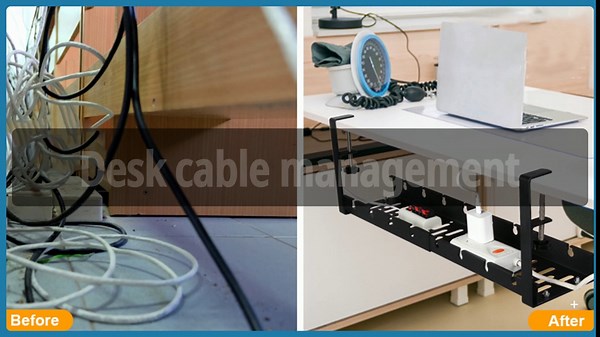 Under Desk Cable Management Tray with Clamp, Extendable No Drilling Cable Management Under Desk,Retractable Power Strip Cord Holder for Wire Management